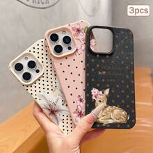 Set 3 buah Casing Ponsel Anti Selip Tahan Air Anti Jatuh Motif Bunga Lili dan Leci, Pelindung Ponsel Bermotif Bunga, Putih / Hitam / Merah Muda, 3 Warna Tekstur Kulit Imitasi - MultiWarna - View 1