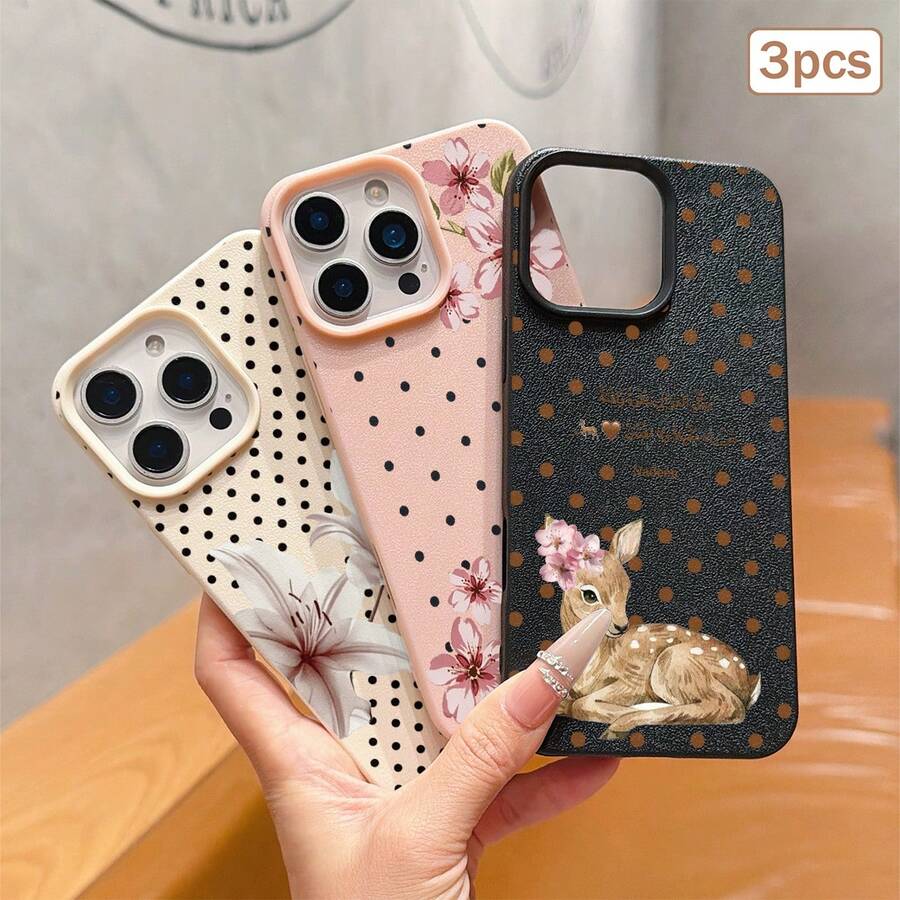 Set 3 buah Casing Ponsel Anti Selip Tahan Air Anti Jatuh Motif Bunga Lili dan Leci, Pelindung Ponsel Bermotif Bunga, Putih / Hitam / Merah Muda, 3 Warna Tekstur Kulit Imitasi - MultiWarna - View 1