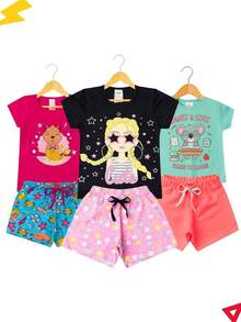 Kit Verão Infantil 10 Peças Menina Conjunto Feminino - 5 Camisetas e 5 Shorts - Multicolorido - Visão 10