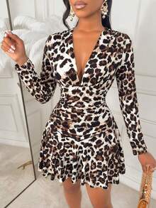 Fashion Women's Deep V-Neck Printed Dress, Long Sleeve Ruffle Hem, Medium Stretch Knit Fabric, Elegant Autumn Style - Leopard Brown - View 4