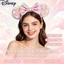 Disney Pink Heart Sequin Mickey Ears Headband, Sweet Bow Decor Hair Accessory, Suitable For Halloween, Christmas, Theme Park, Party, Cosplay Costume - Love a - View 2