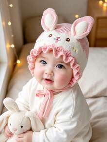 0-2 Years Old Baby Cute Knitted Hat, Bow Rabbit Ears Ruffle Edge Sun Hat, Warm Soft Crochet Tie Hat, Sweet Princess Style Infant Headwear - Multicolor - View 9