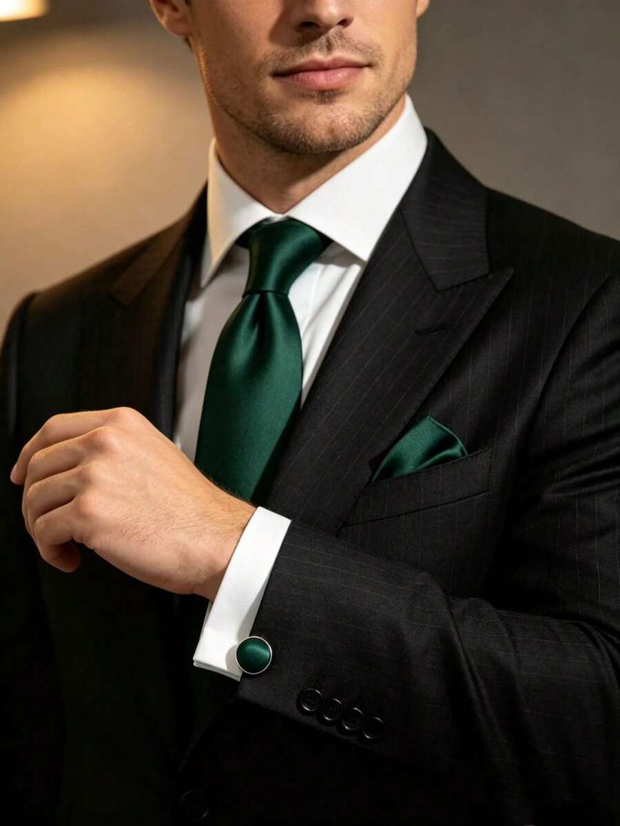 1套純色絲綢領帶、口袋巾、袖扣 3件組,適合商務休閒、婚禮、宴會 - 墨綠色 - 查看 1
