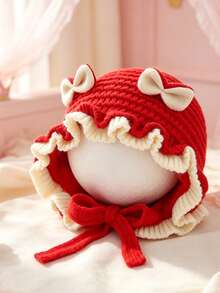0-2 Years Old Baby Girl Knitted Hat, Cute Bow Rabbit Ears Ruffle Edge, Soft Warm Tie Knitted Hat, Autumn/Winter Cute Infant Toddler Headwear - Multicolor - View 12
