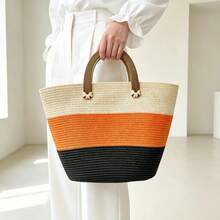 BAILEE A Casual Vacation-Themed Woven Handbag With A Wooden Handle, Three-Color Clash Design, Ample Capacity, Perfect For Vacation Attire And As A Gift. - Multicolor - View 7