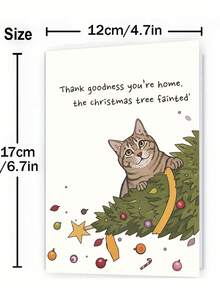 1pc Funny Tabby Cat Christmas Card "Thank Goodness You're Home The Christmas Tree Fainted", Messy Fallen Tree Bauble Cartoon Print, Pet Owner Humor Holiday Note - Multicolor - View 2