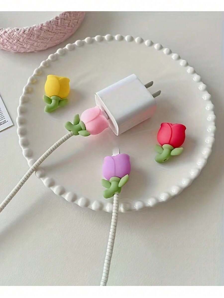1PC/4pcs Cute Flower Cable Protector - Silicone Material, Decorative And Protective Charger Cable Sleeve, Suitable For Phone, Computer And More - Pink, Yellow, Red, Purple Design, Soft Rubber Cable Anti-Breakage Bite Protector - A - View 1
