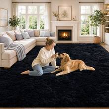 Soft Shag Rugs For Bedroom, Black Fluffy Shaggy Rugs For Living Room, Luxury Modern Plush Carpet Girls Boys Room Dorm Indoor Home Decor, Upgrade Non-Slip - 黑色 - 查看 1