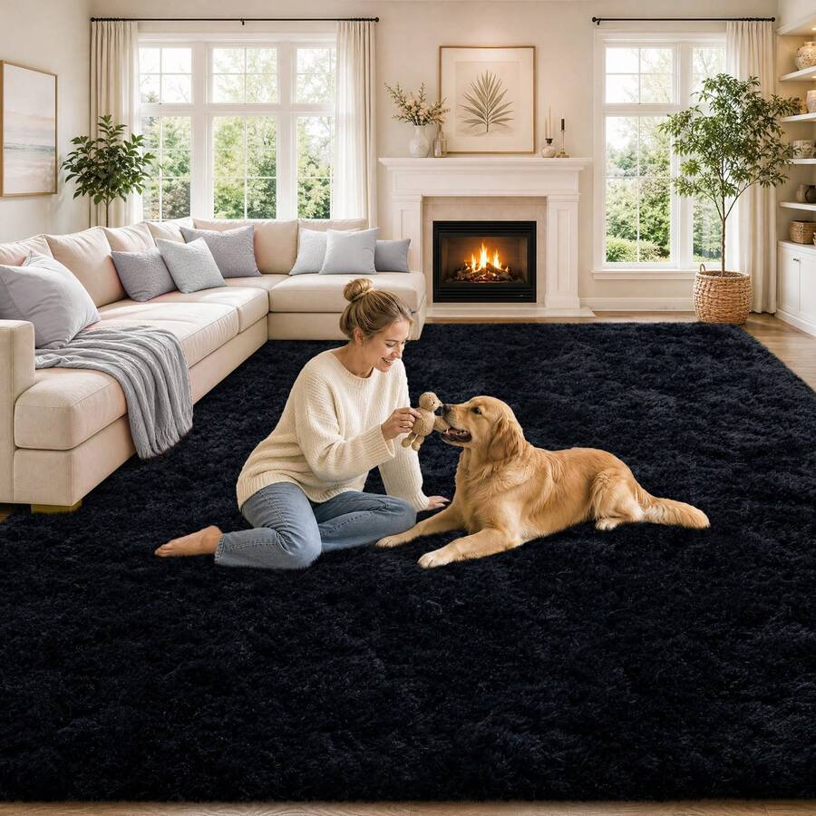 Soft Shag Rugs For Bedroom, Black Fluffy Shaggy Rugs For Living Room, Luxury Modern Plush Carpet Girls Boys Room Dorm Indoor Home Decor, Upgrade Non-Slip - 黑色 - 查看 1