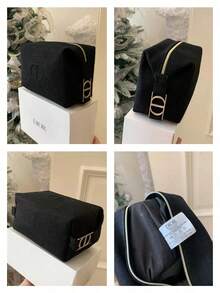 Black Textured Linen Embossed CD Logo Makeup Bag, Gold Zipper Large Cosmetic Storage Pouch, Portable Travel Beauty Organizer Elegant Gift For Women DIOR-GIFT-137 - Black - View 5