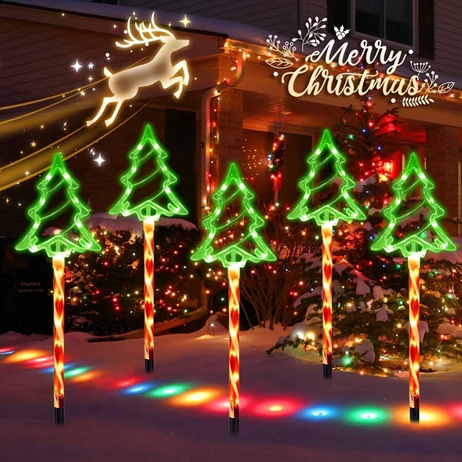Waterproof Glowing Christmas Tree Candy Cane Ground Lights, Multi-Color Outdoor Pathway Lights, Front Yard Driveway Holiday Decorative Lights