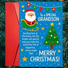 1 Greeting Card + 1 Envelope Cheerful Christmas Greeting Card, Santa In Sleigh With Tree "To A Special Grandson", For Grandson, Winter Holiday Festive Cartoon Style. - Single Piece - View 10