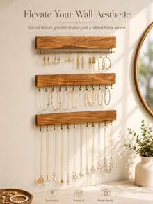 1 Set Natural Wooden Wall-Mounted Jewelry Storage Rack, Rustic Style Necklace & Earring Display Stand, Multi-Hook Design, Space-Saving Jewelry Organizer, Suitable For Bedroom, Vanity, Dressing Room, Home Decor - Multicolor - View 8
