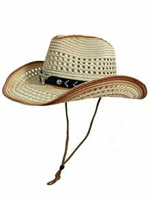 Men's Western-Style Straw Cowboy Hat, Outdoor UV-Protective Sun Hat, Breathable Woven Summer Hat - Multicolor - View 7