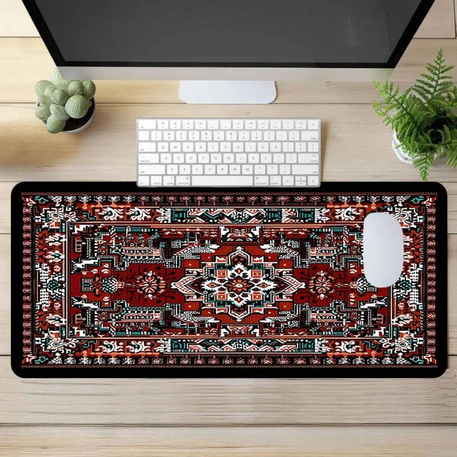 1pc Extra Large Extended Vintage Carpet Pattern Mouse Pad, Soft Fabric Keyboard Mat With Anti-Slip Rubber Bottom And Stitched Edges. Exotic Vintage Floral Aesthetic Design, Suitable For Gaming, Home Office And Study Scenes. - View 1