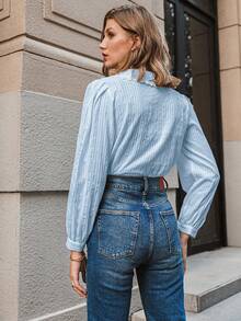 Simplee Blus Musim Gugur Berkerah Lengan Mengembang Gaya Preppy Warna Polos, Pakaian Guru untuk Wanita, Kembali ke Sekolah - Baby Blue - View 3