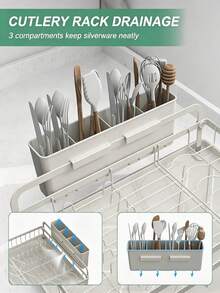 1 Piece Kitchen Countertop Dish Rack, Metal Tableware Storage Rack With Drip Tray And Chopstick Holder, Household Dish Organizer. - Grey - View 3