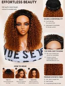 UNice Blend Secure 10 Seconds Flip-Over Half Wig Jerry Curly 3 In 1 Flip Over 3/4 Half Wig With Drawstring Beginner Friendly 100% Human Hair Wig Copper Ombre Color Machine Made Wig Put On And Go - SNatural/Orange - View 3