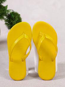 Bright Yellow Solid Color Kids Flip Flop Sandals, Minimalist Thin Strap Flat Sole, Daily Indoor/Outdoor Wear, Girls Slip-On Flip Flops - Yellow - View 7