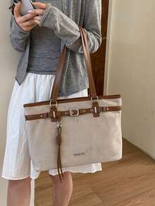 Vintage Textured Large Capacity Tote Bag, Fashionable Exquisite Buckle Design Handbag, Women's Daily Commute, Shopping Shoulder Bag - Multicolor - View 8