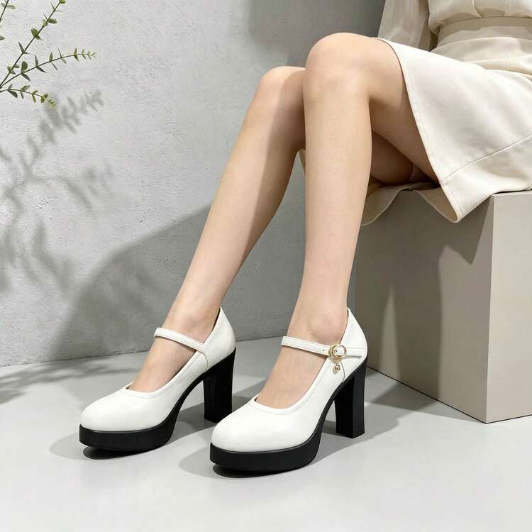 Geeyea Vintage High-Heel Mary Jane Shoes For Women,Round-Toe Block-Heel Slip-On Shoes With An Ankle Strap Buckle,Mary Jane Shoes - 白色 - 查看 1