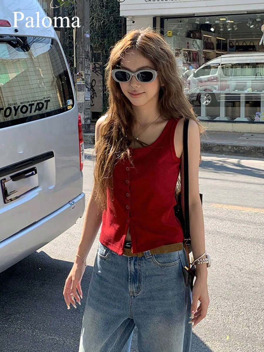 2025 Summer New V-Neck Sleeveless Cropped Camisole Tank Tops For Girls, Versatile All-Match Layer Casual Red - Red - View 1