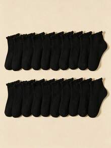 5/10/20 Pairs 1‑14Y Girls Black Scallop Ruffle Trim Ankle Socks, Soft Ribbed Knit Breathable All‑Season Kids Socks For Daily Wear & School - Black - View 5