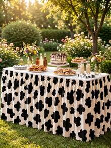 Black And White Cow Print Ruched Table Skirt, Western Cowboy Farm Animal Theme Buffet Table Cover, Suitable For Rodeo Birthday Party, Baby Shower, Wedding Reception, Dessert Table And Country Barn Event Decoration - Multicolor - View 2