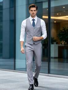 Men's 3 PiecesSuit Set, Elegant Solid Color Slim Fit Gentleman Vest, Pants And Tie Set, Business Commute, Wedding, Party, Ball - Light Grey - View 11