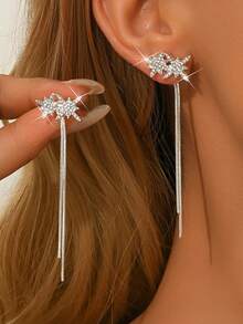 1 Pair Fashionable Long Water Drop Rhinestone Earrings Suitable For Women's Daily Wear - Silver - View 1