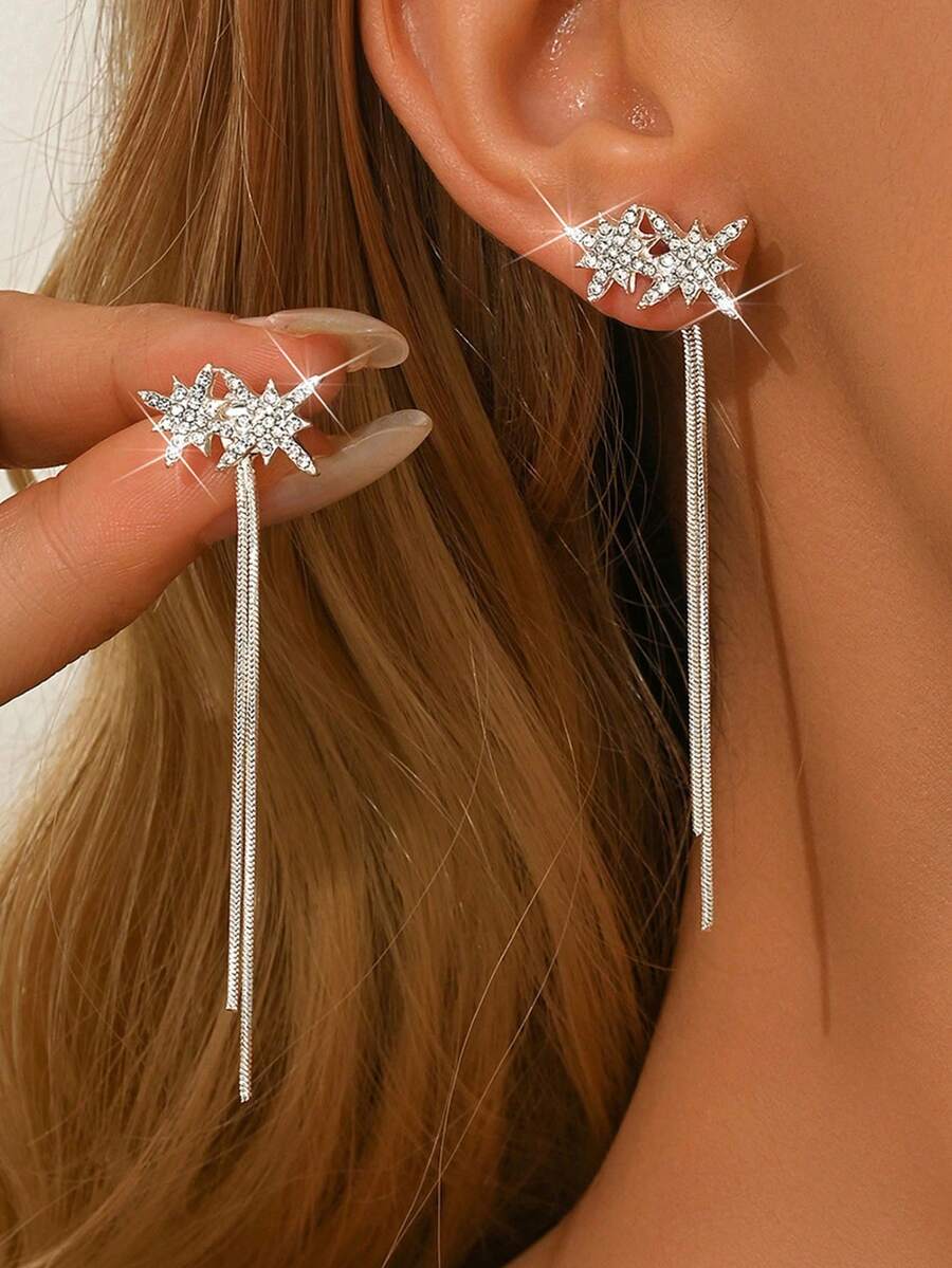 1 Pair Fashionable Long Water Drop Rhinestone Earrings Suitable For Women's Daily Wear - Silver - View 1