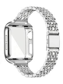 1pc Set Compatible With Apple Watch Band 38/40/41/42/44/45/46/49mm Stainless Steel Metal Slim Band + Full Coverage Anti-Drop Anti-Scratch Protective Case Compatible With Apple Watch Series 12/11/Ultra/SE/10/9/8/7/6/5/4/3/2/1 Smart Watch Accessories Screen Protector Integrated Shell + Band - Silver - View 4