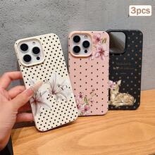 Set 3 buah Casing Ponsel Anti Selip Tahan Air Anti Jatuh Motif Bunga Lili dan Leci, Pelindung Ponsel Bermotif Bunga, Putih / Hitam / Merah Muda, 3 Warna Tekstur Kulit Imitasi - MultiWarna - View 2