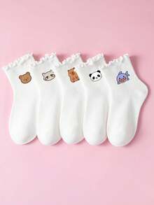 1/5 Pairs All-Season Kids Socks, Bear, Capybara, Shark, Panda, Raccoon Cute Animal Print, Versatile Short Socks For Students - Multicolor - View 2