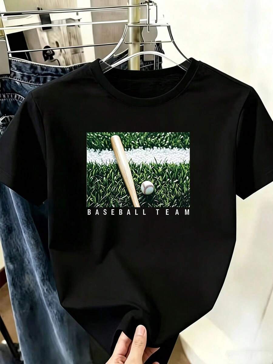 Women's Baseball Team Print T-Shirt - Soft Polyester Loose Fit Short Sleeve Top With Oberteile,Sommer Tops Summer New Simple - 黑色 - 查看 1