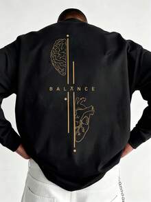 Men's Spring/Autumn Fashion Versatile English Heart & Brain Graphic Print Crew Neck Long Sleeve T-Shirt - Black - View 1