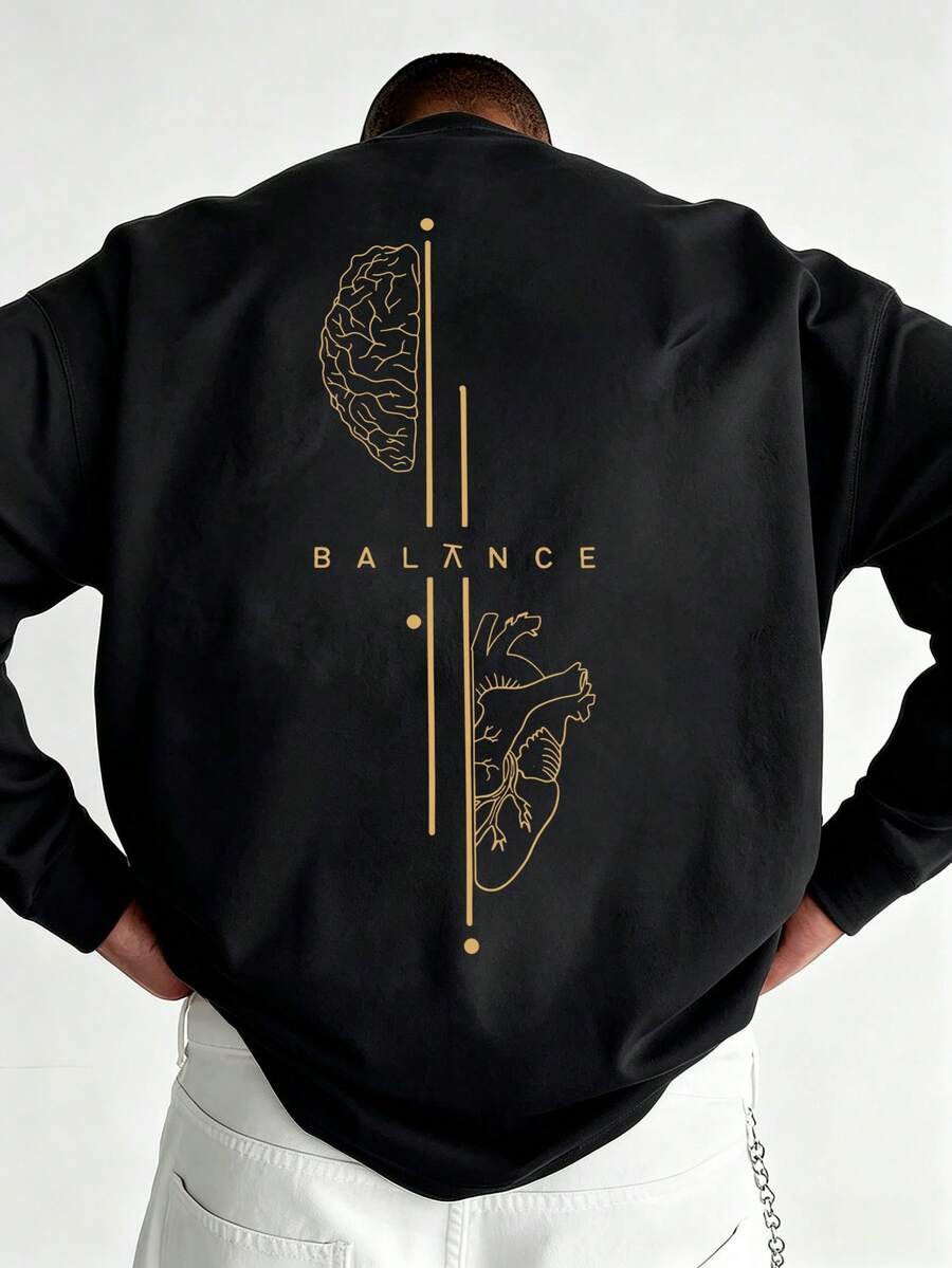 Men's Spring/Autumn Fashion Versatile English Heart & Brain Graphic Print Crew Neck Long Sleeve T-Shirt - Black - View 1