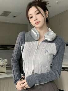 Cardigan Lengan Panjang Wanita Motif Blok Warna dengan Resleting, Kasual, Serbaguna, untuk Perjalanan Sehari-hari, Musim Gugur - Light Grey - View 3