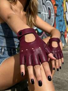 1 Pair Half-Finger Motorcycle Leather Gloves - Burgundy - View 4