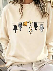 Teen Girls Cartoon Cat Print Crew Neck Loose Pullover Sweater Cute Top Y2K Preppy Style Girl's Clothing - Apricot - View 2