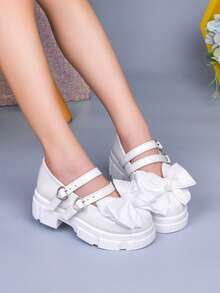 Autumn/Winter New Girls' White Mary Jane Shoes, Bow & Pearl Decor, Simple Sweet Versatile Children's Princess Shoes - White - View 1