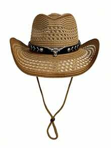Men's Western-Style Straw Cowboy Hat, Outdoor UV-Protective Sun Hat, Breathable Woven Summer Hat - Multicolor - View 4