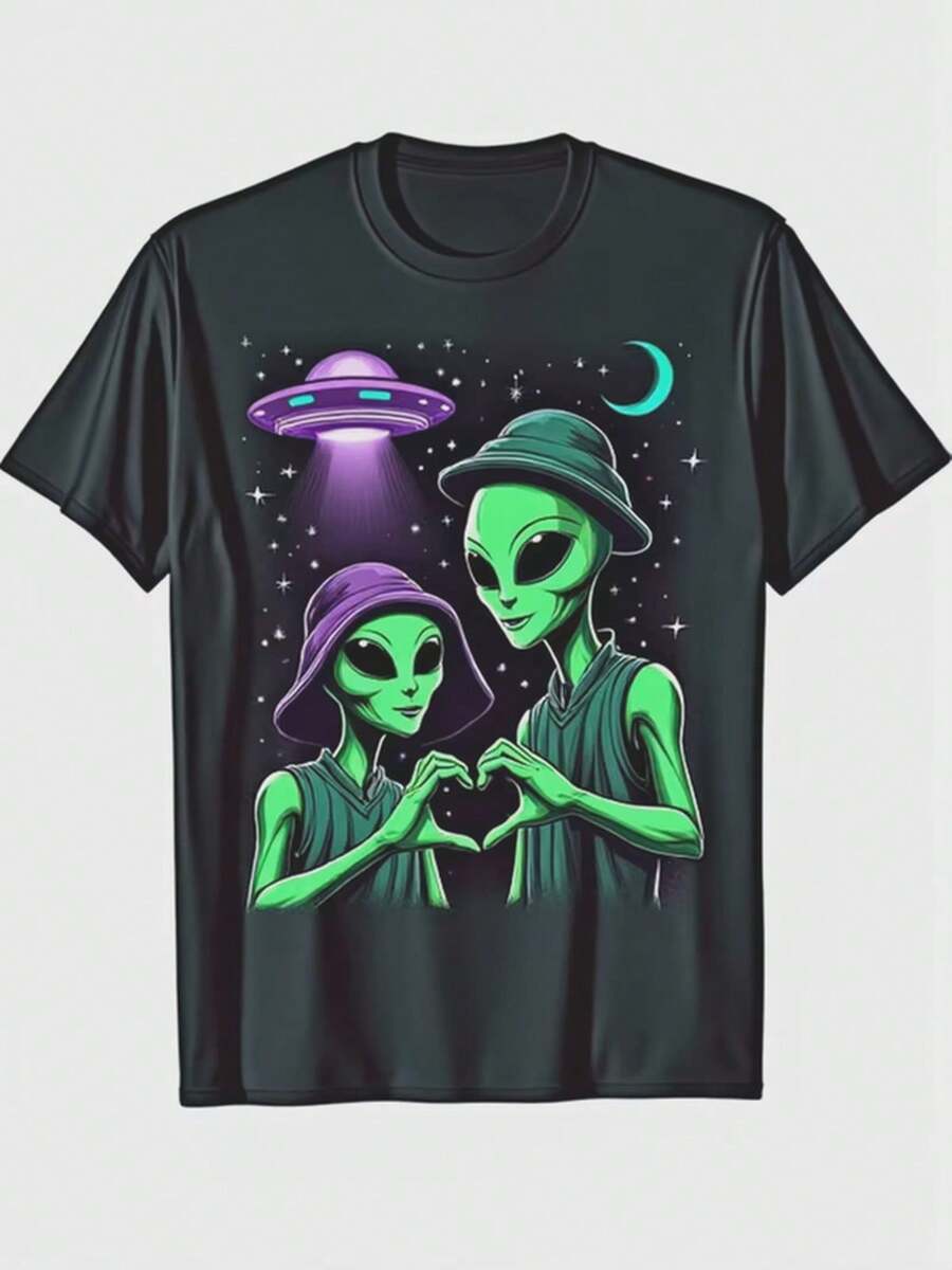 Hombres& # 039;S Sasquatch Divertido & Camiseta con Gráfico de la Mano de Amor Alienígena - 100% Algodón Negro - Negro - Ver 1