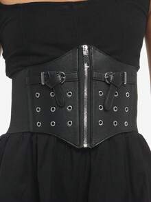 1pc Women's Gothic PU Leather Wide Waist Cincher With Zipper And Silver Metal Buckle, Punk Style Elastic Waist Belt Accessory For Halloween Party - Black - View 4
