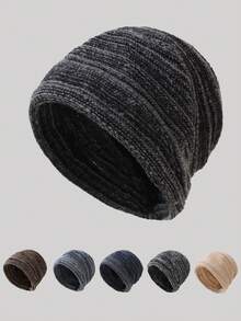 1pc Folded Mixed Knit Ribbed Beanie Hat, Simple Solid Color Loose Fit Oversized Warm Ear-Protective Knit Cap For Men And Women, Autumn/Winter - B - View 12