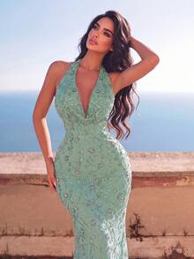 Sexy Halter Neck Sleeveless Backless Maxi Dress With Contrast Sequin Embellishments And Draping Details Wedding - Mint Green - View 3