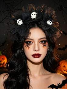 1pc Women's Halloween 3D Pumpkin Castle Witch Hat Skeleton Crow Ghost Mummy Grave Black Tulle Floral Headband Cosplay Dark Series Performance Holiday Party - Multicolor - View 12