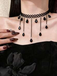1pc Women's Fashion Personalized Vintage Lace Hollow Gothic Choker Chain Tassel Necklace Collarbone Chain Necklace - Multicolor - View 6