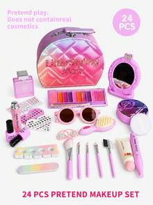 1 Set Little Girl Dress-Up Makeup Toy Set, Princess Gradient PU Grid Handbag, 24pcs Simulated Makeup Set, Girls Stage Performance Role Play Toy, Suitable For 3-6 Years Old Girls, Includes Comb, Glasses, Lipstick, Perfume, Mirror, Etc., Christmas Birthday Gift, Not Real Makeup - Jewelry Set - View 13