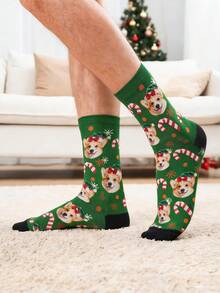 Custom Face Christmas Crew Socks, Green Mid-Calf Socks With Custom Pet Face, Candy Cane & Snowflake Print, Personalized Holiday Novelty Gift Socks - Multicolor - View 2